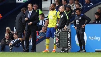 WEST BROMWICH, ENGLAND - AUGUST 20: Everton manager Ronald Koeman with substitute Ashley Williams as 4th Official Scott Duncan uses the Tag Heuer Board during the Premier League match between West Bromwich Albion and Everton at The Hawthorns on August 20, 2016 in West Bromwich, England. (Photo by Lynne Cameron/Getty Images)